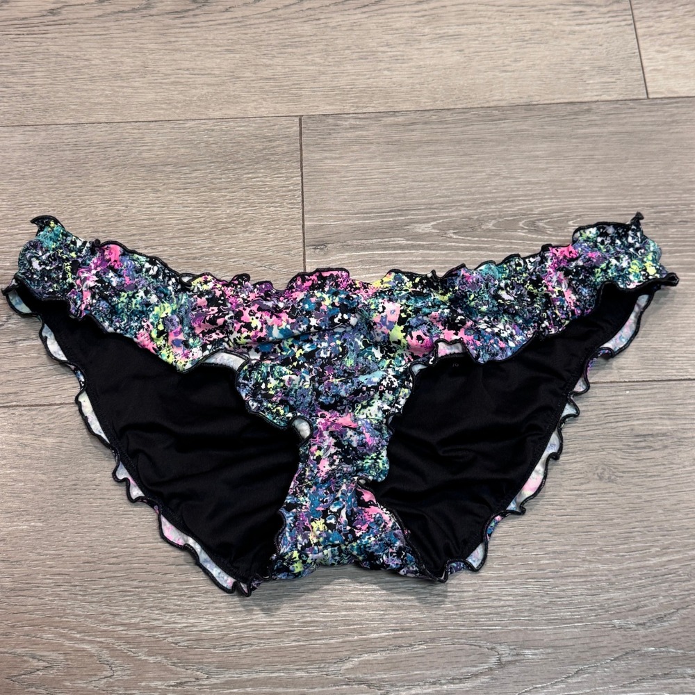 Victoria's Secret The Ruffle Cheeky Bikini Bottoms Black Splatter Print Large L